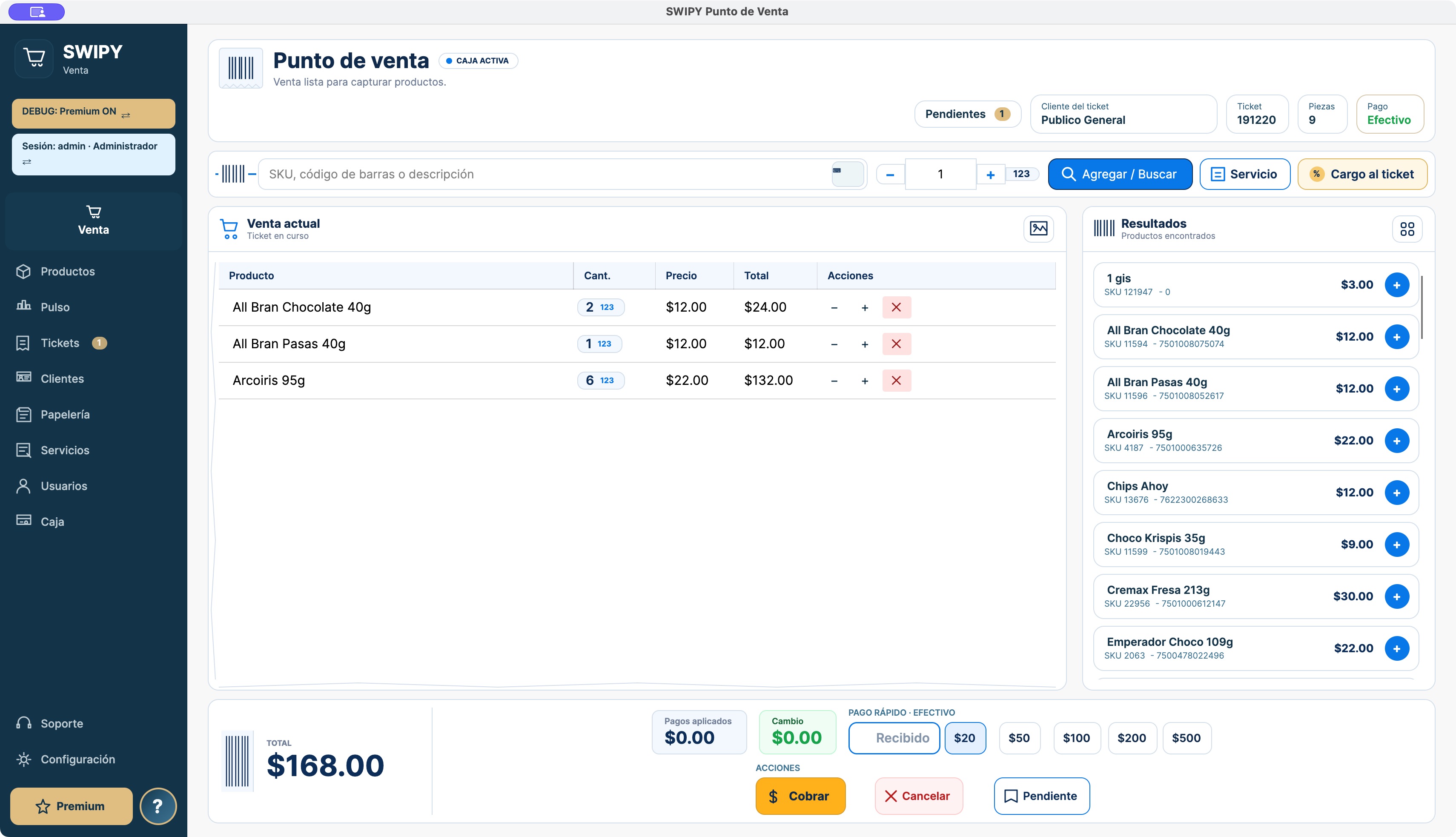 Captura real de Venta en SWIPY Business, con ticket y resultados de productos