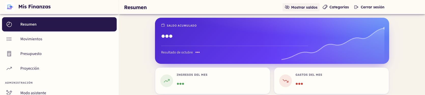 Captura real del resumen de SWIPY One con los importes ocultos